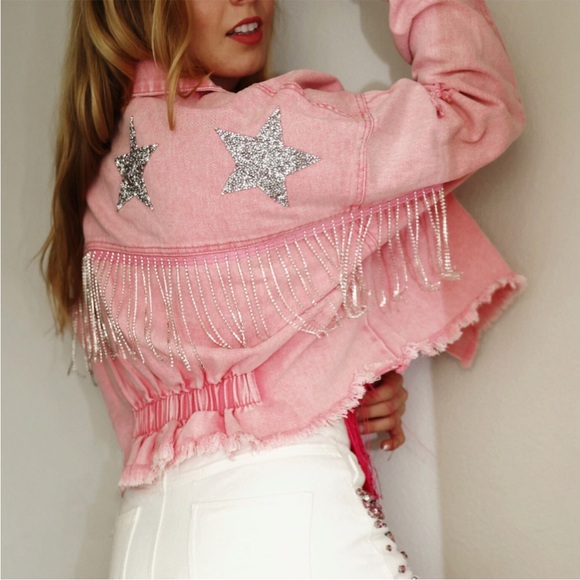 blue b Pants - Denim Cropped Pink Jacket with Fringe Rhinestones and Sparkling Stars
